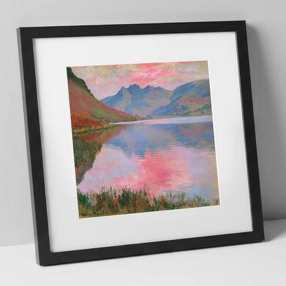 Pink Sunset Reflections on Loweswater lake district lake art print in black frame