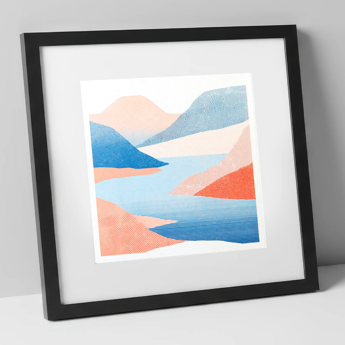 Graphic Lake And Coral Fells lake district lake art print in black frame