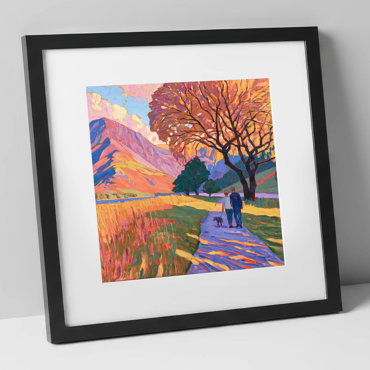 Autumn Dog Walk at Buttermere gifts for dog walkers art print in black frame