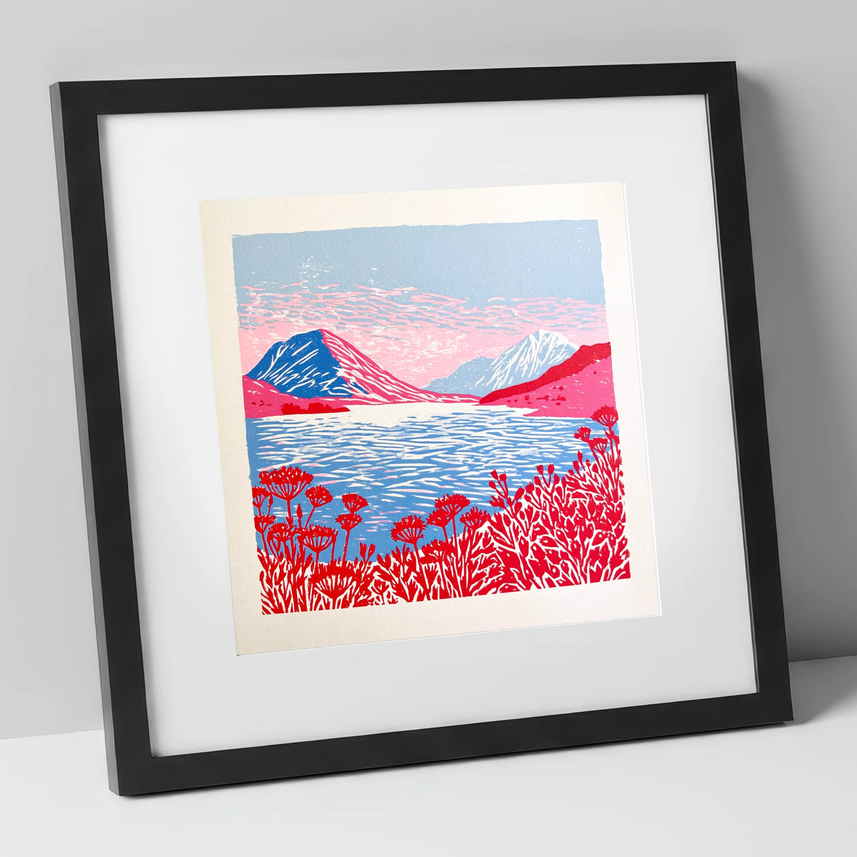 Crummock Water in Vivid Red lake district lake art print in black frame