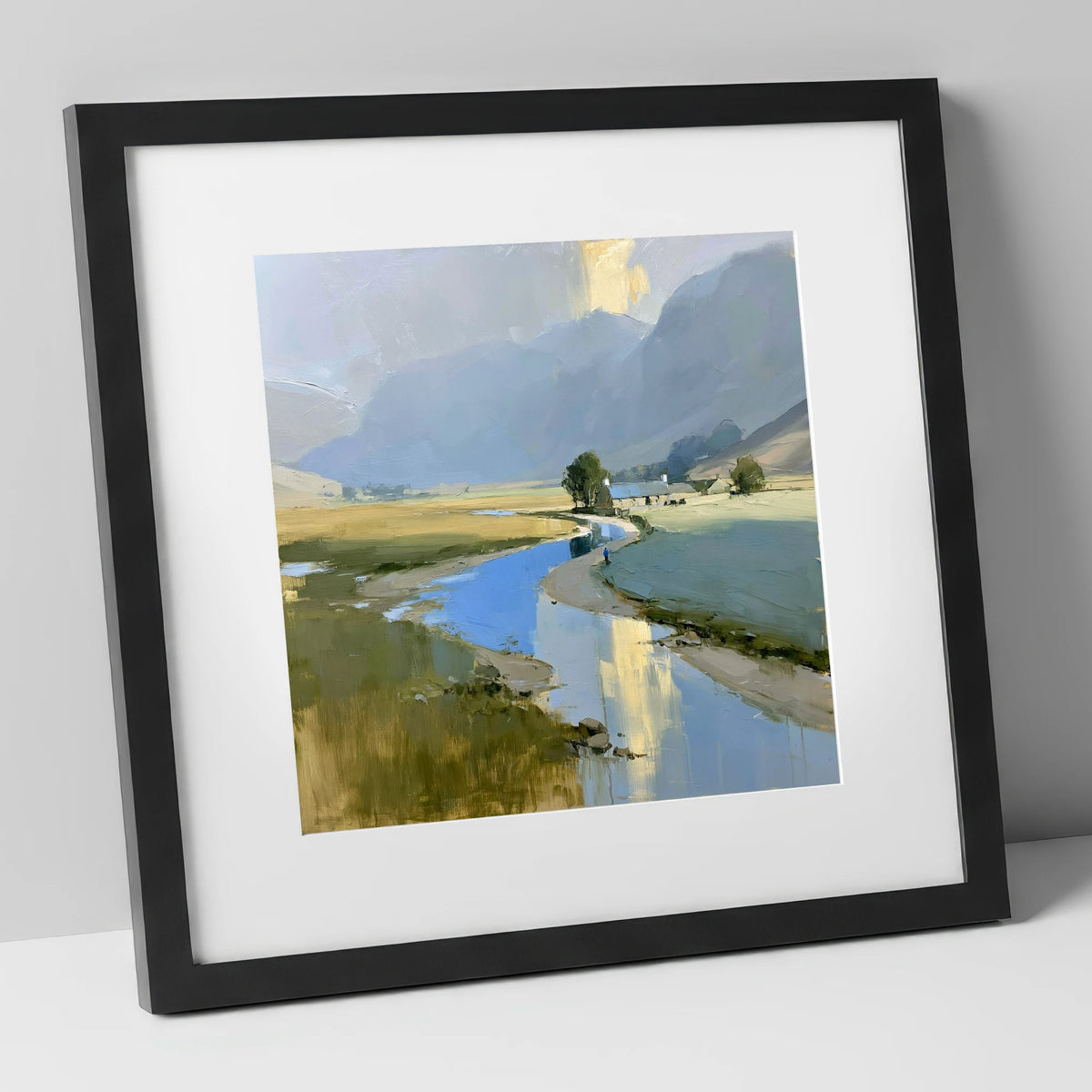 Golden Mist Over the Valley River lake district sky art print in black frame