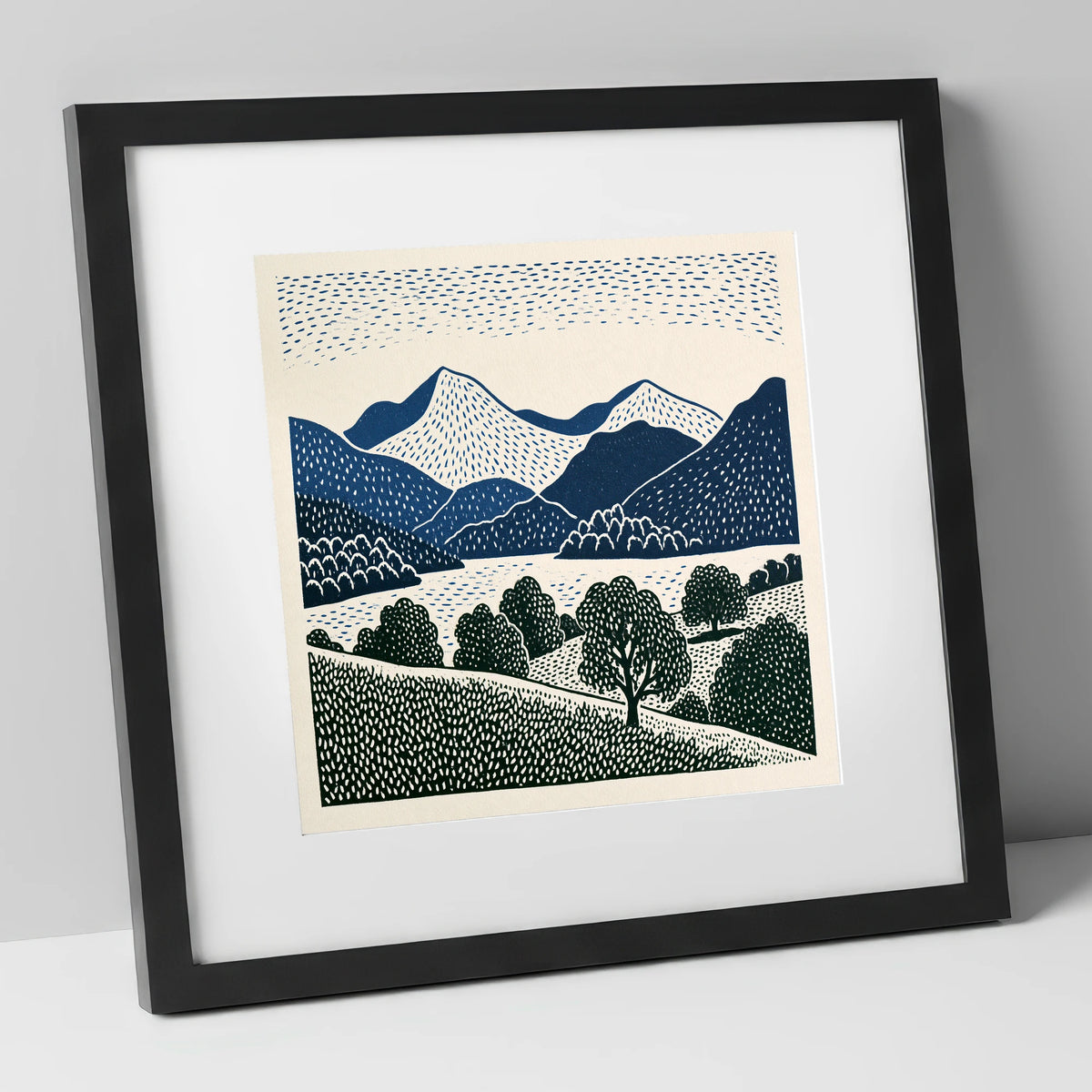 Grasmere Fells in Graphic Navy lake district lake art print in black frame