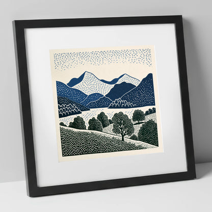 Grasmere Fells in Graphic Navy lake district lake art print in black frame