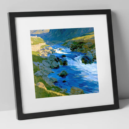 Vibrant Blue Fellside Beck lake district waterfall art print in black frame