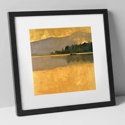 Still Lake in Golden Dawn lake district lake art print in black frame