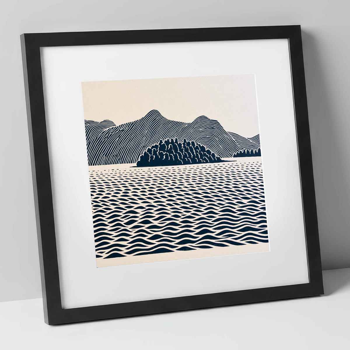 Derwentwater Island in Inky Blue lake district lake art print in black frame