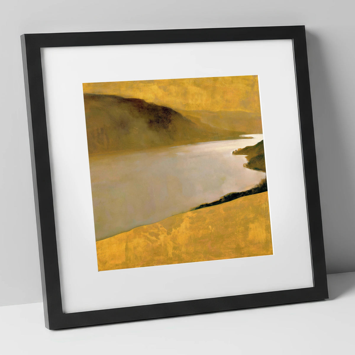 Golden Fells Above the Lake lake district lake art print in black frame