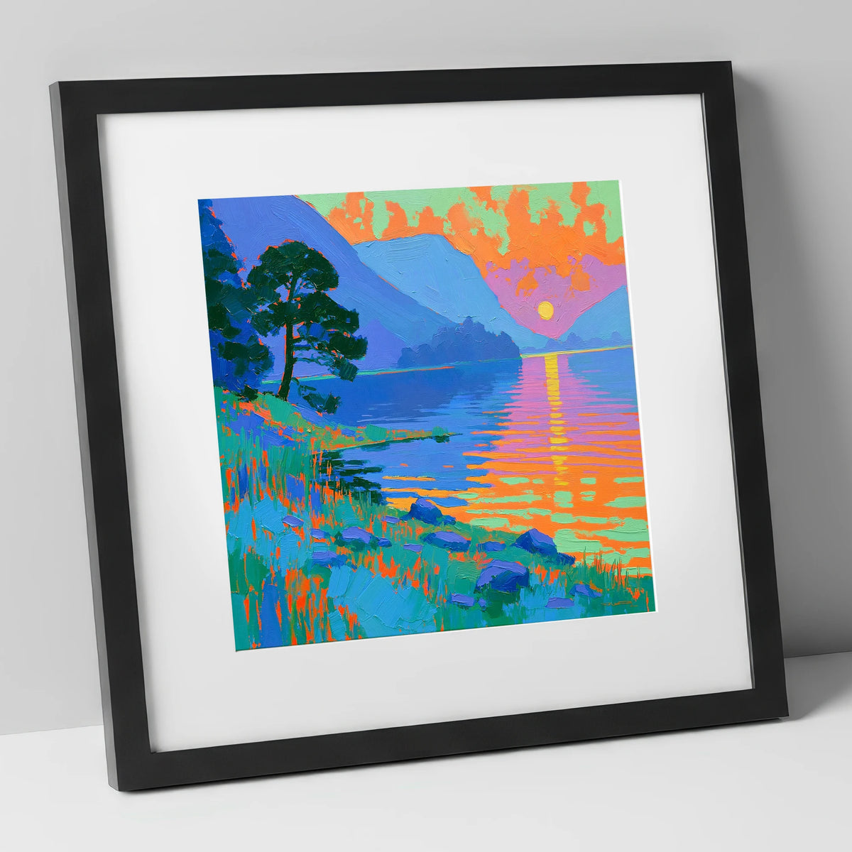 Bold Sunset Over The Lake lake district lake art print in black frame