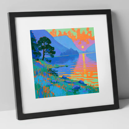 Bold Sunset Over The Lake lake district lake art print in black frame