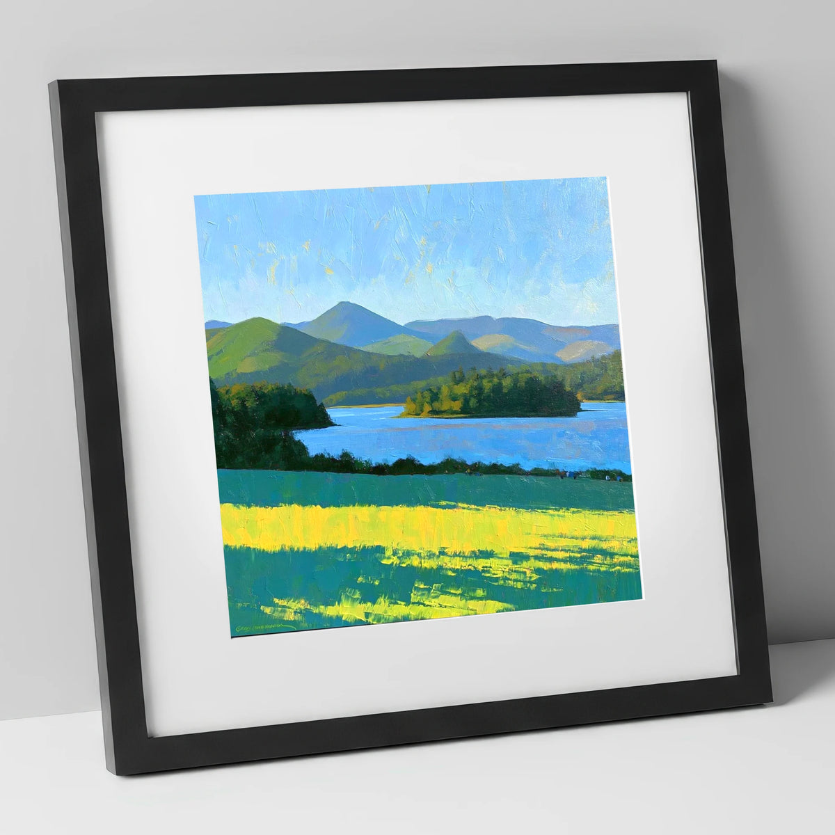 Sunlit Derwentwater From Crow Park lake district village art print in black frame