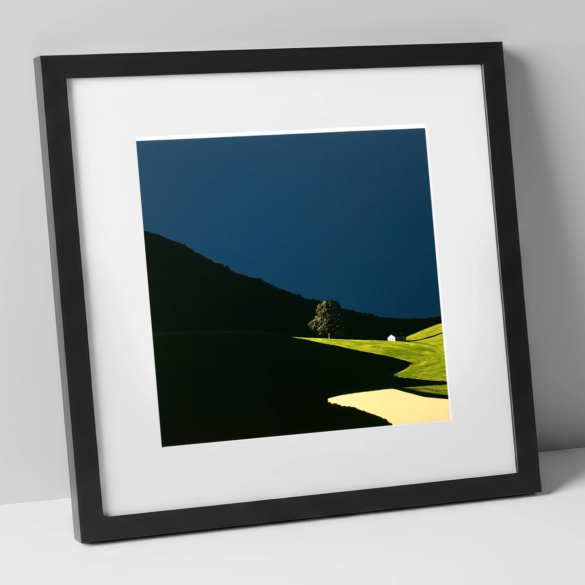 Sunlit Tree and Shadowed Fell lake district sky art print in black frame