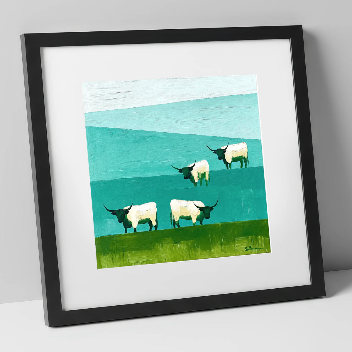 Highland Cattle Against Teal Fells lake district wildlife art print in black frame