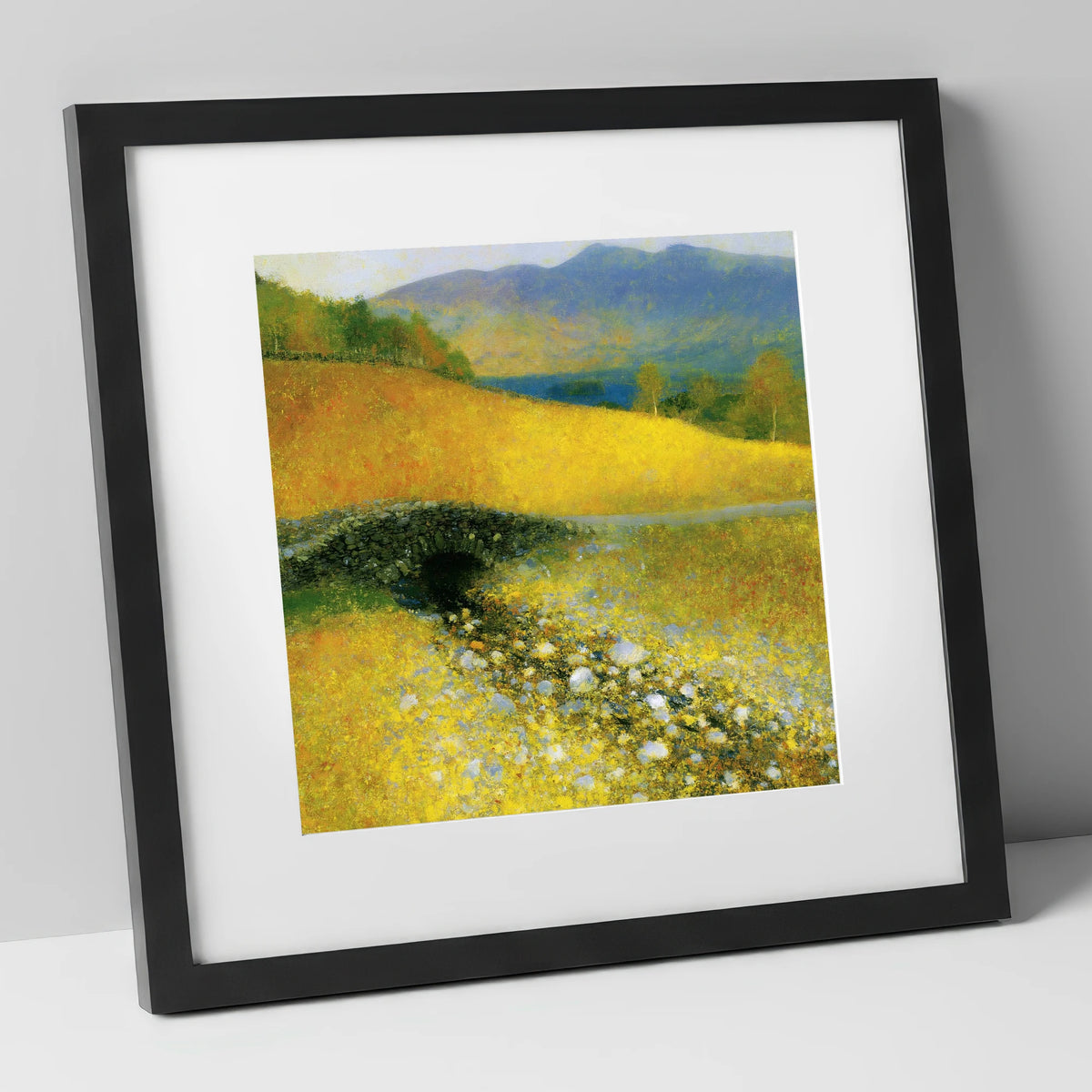 Golden Light Over Ashness Bridge lake district waterfall art print in black frame