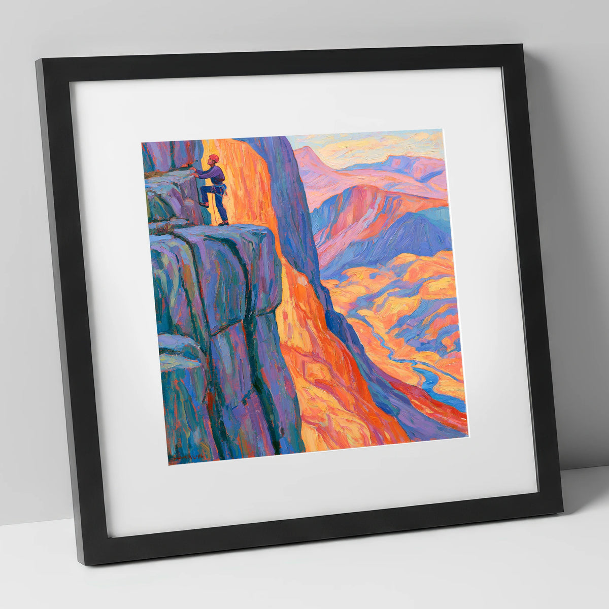 Vibrant Rock Climber on Sunset Crag lake district walking art print in black frame