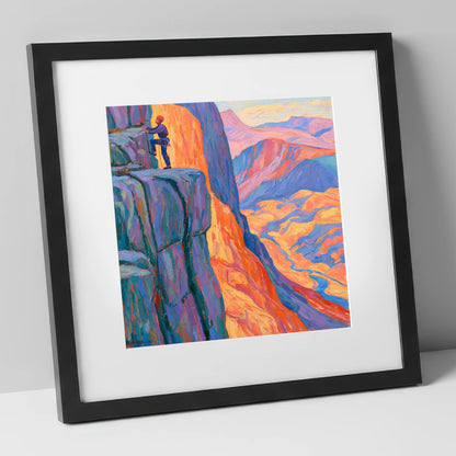 Vibrant Rock Climber on Sunset Crag lake district walking art print in black frame