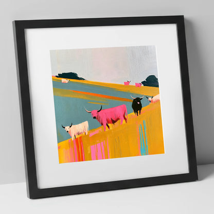 Colourful Highland Cattle Grazing lake district wildlife art print in black frame