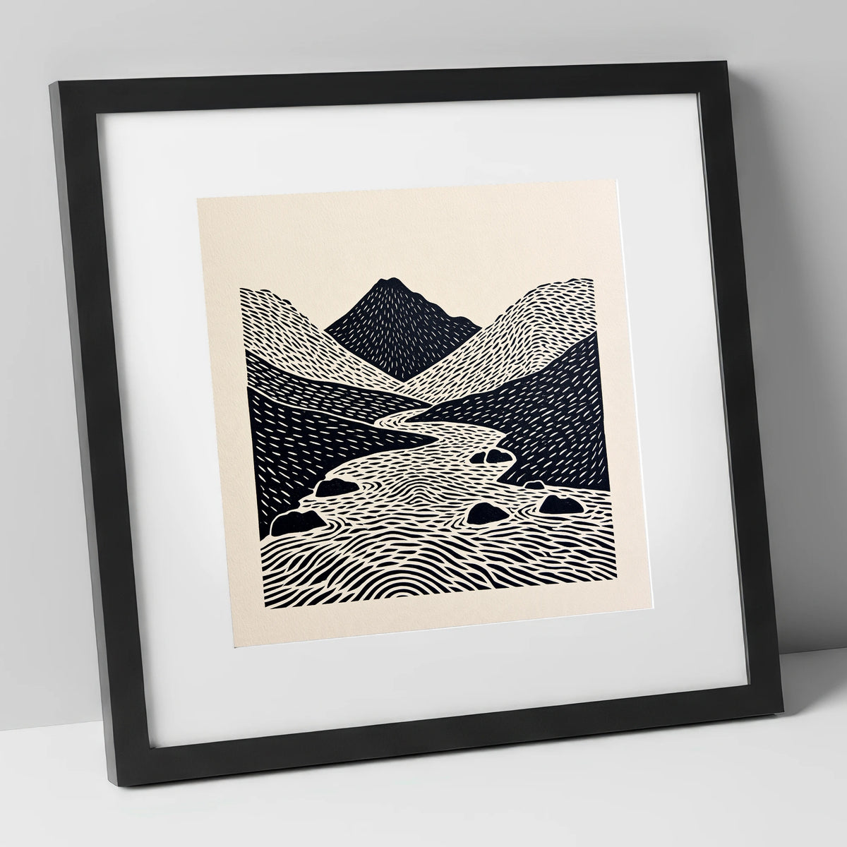 Bold Scafell Pike and Beck lake district fell art print in black frame