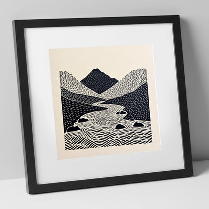 Bold Scafell Pike and Beck lake district fell art print in black frame