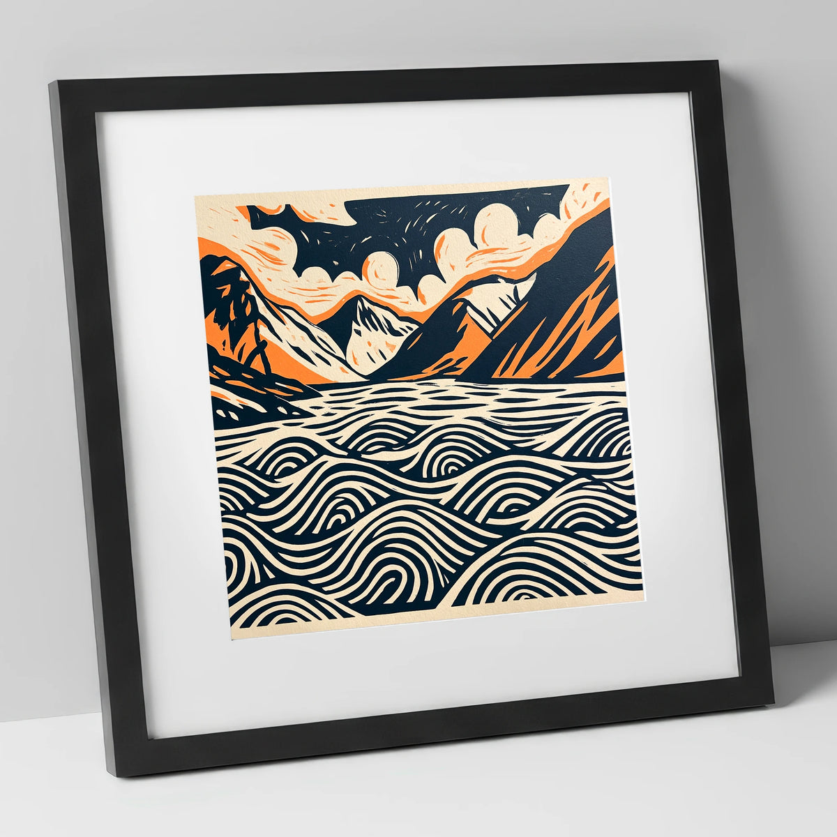 Wastwater in Navy and Terracotta lake district lake art print in black frame