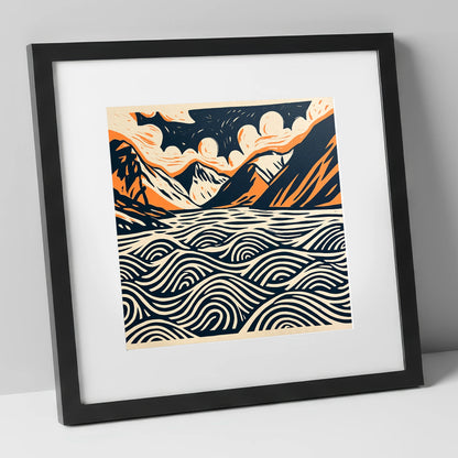 Wastwater in Navy and Terracotta lake district lake art print in black frame