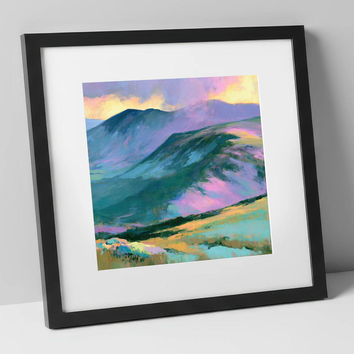 Mountain Summit in Pastel Light lake district fell art print in black frame
