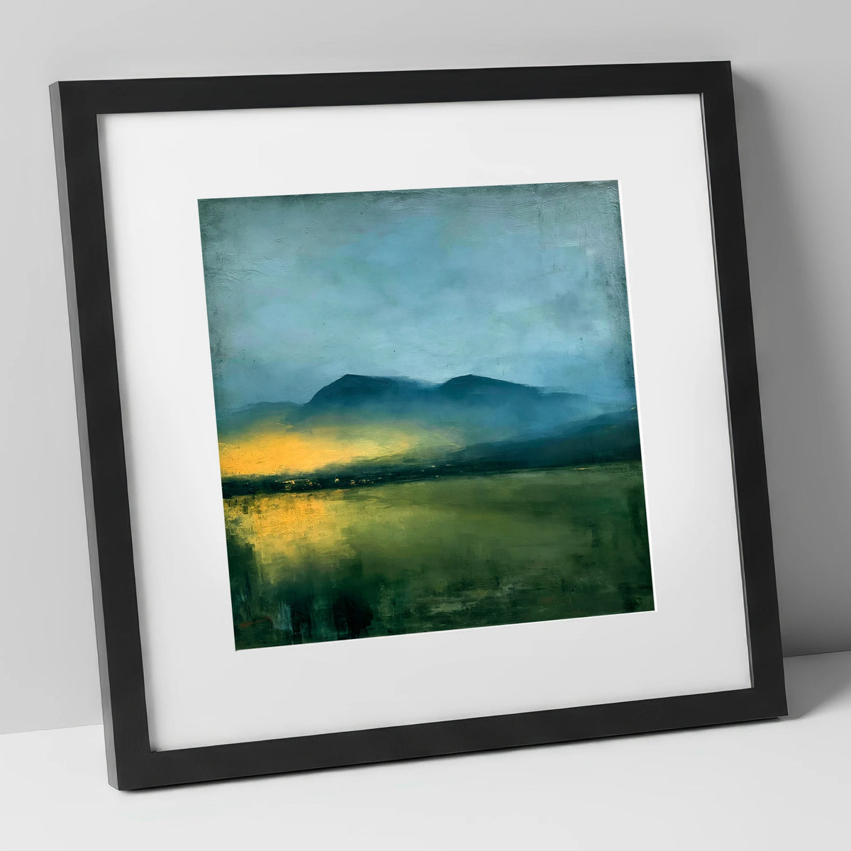 Golden Mist Below Dark Fells lake district sky art print in black frame