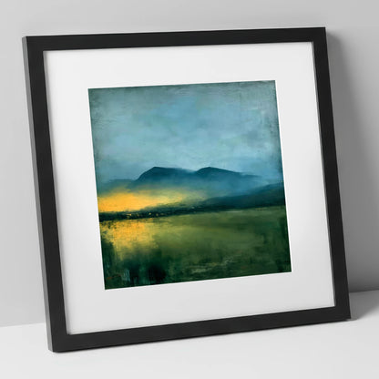 Golden Mist Below Dark Fells lake district sky art print in black frame