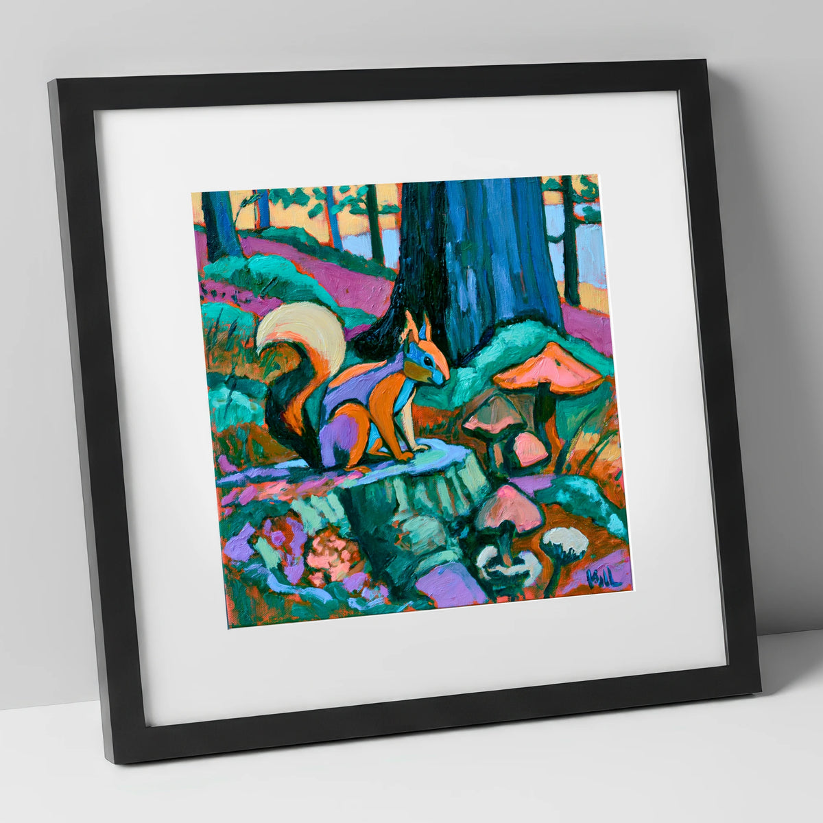 Red Squirrel in Vivid Woodland lake district wildlife art print in black frame