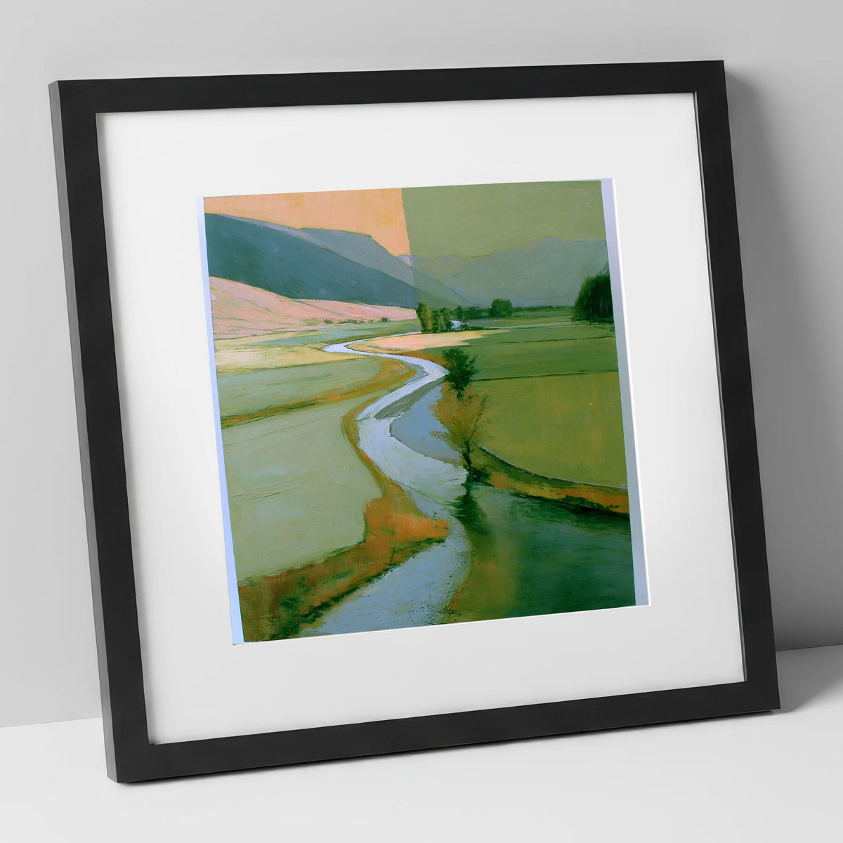 River Valley in Sage and Apricot lake district waterfall art print in black frame
