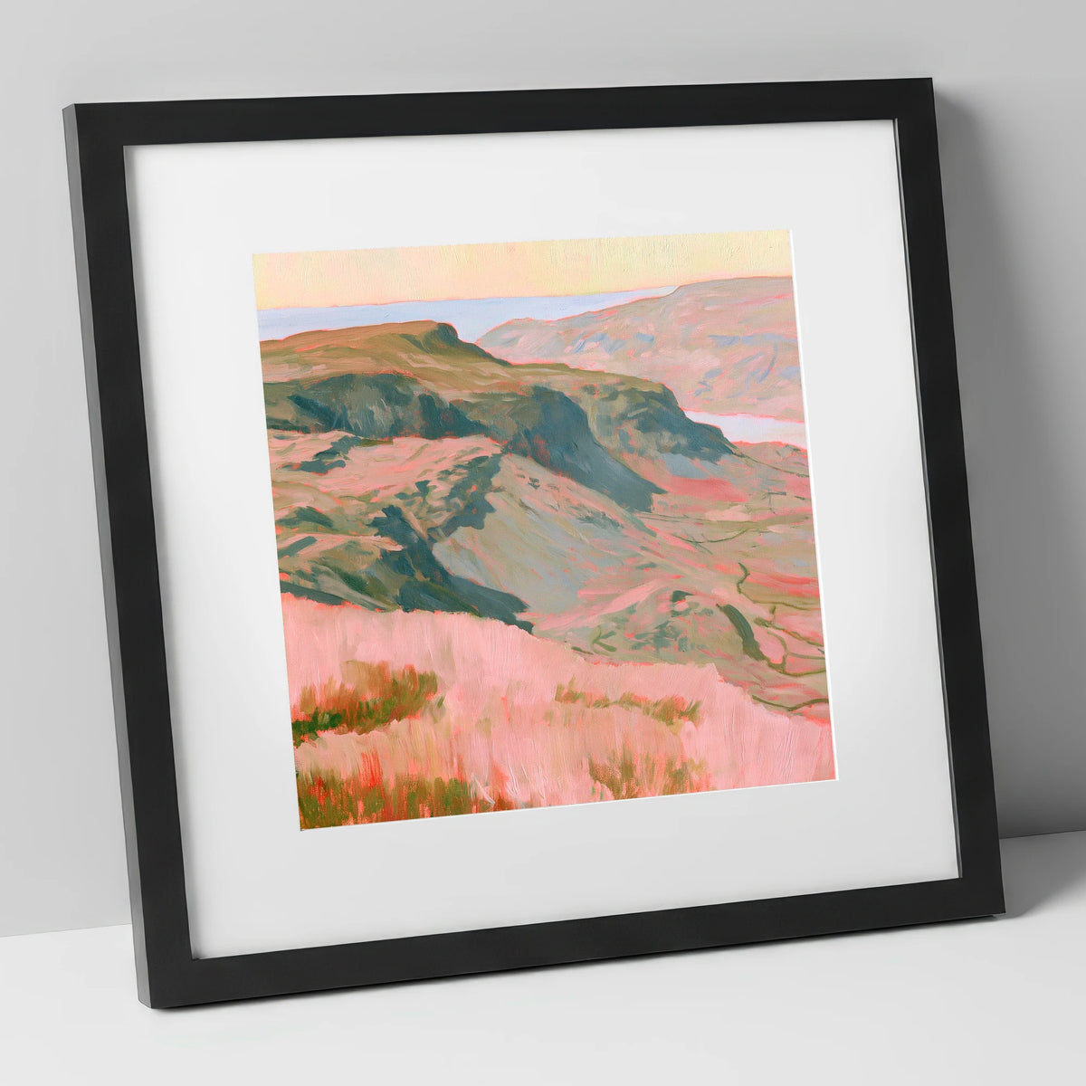 Fell Summit in Pastel Pink lake district fell art print in black frame