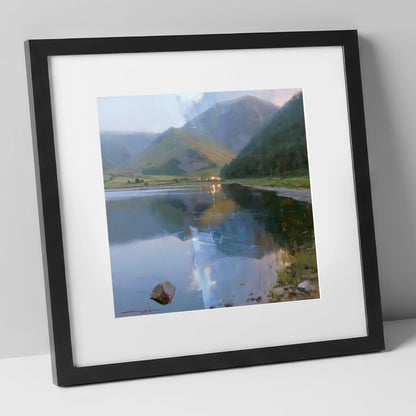 Evening Reflections on Loweswater lake district lake art print in black frame