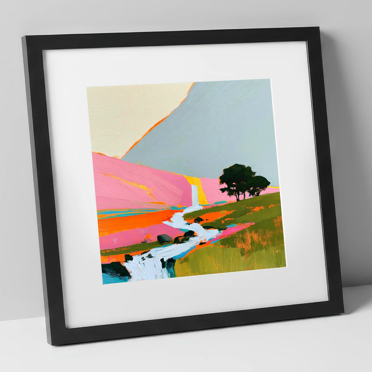 Bright Pink Fellside Beck lake district waterfall art print in black frame
