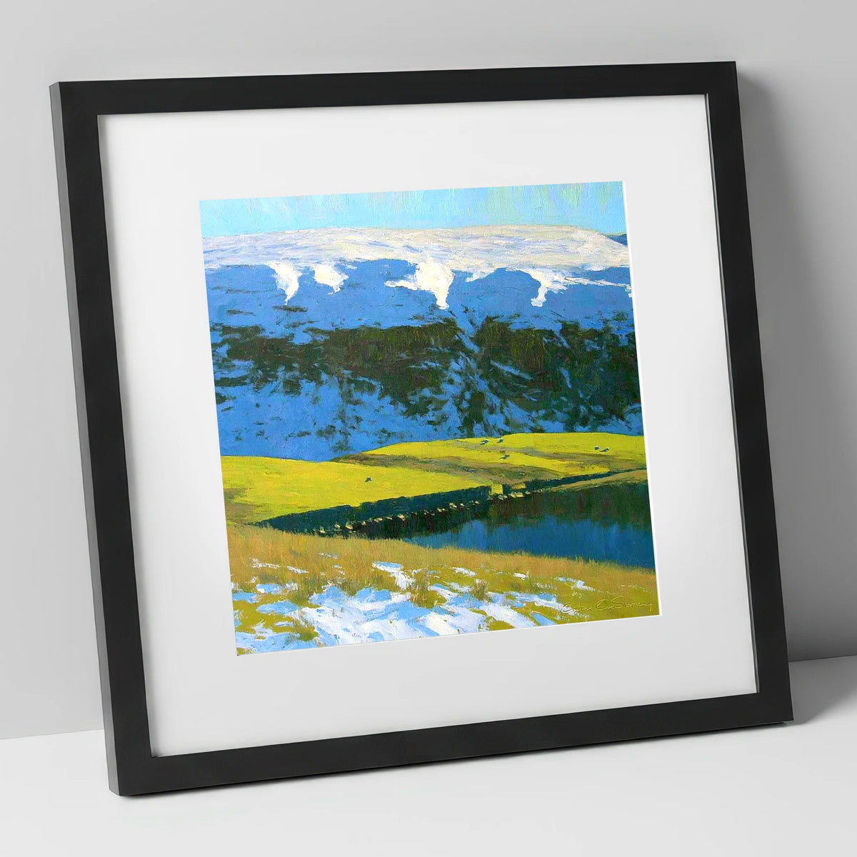 Snowy Ridge on Maiden Moor lake district fell art print in black frame