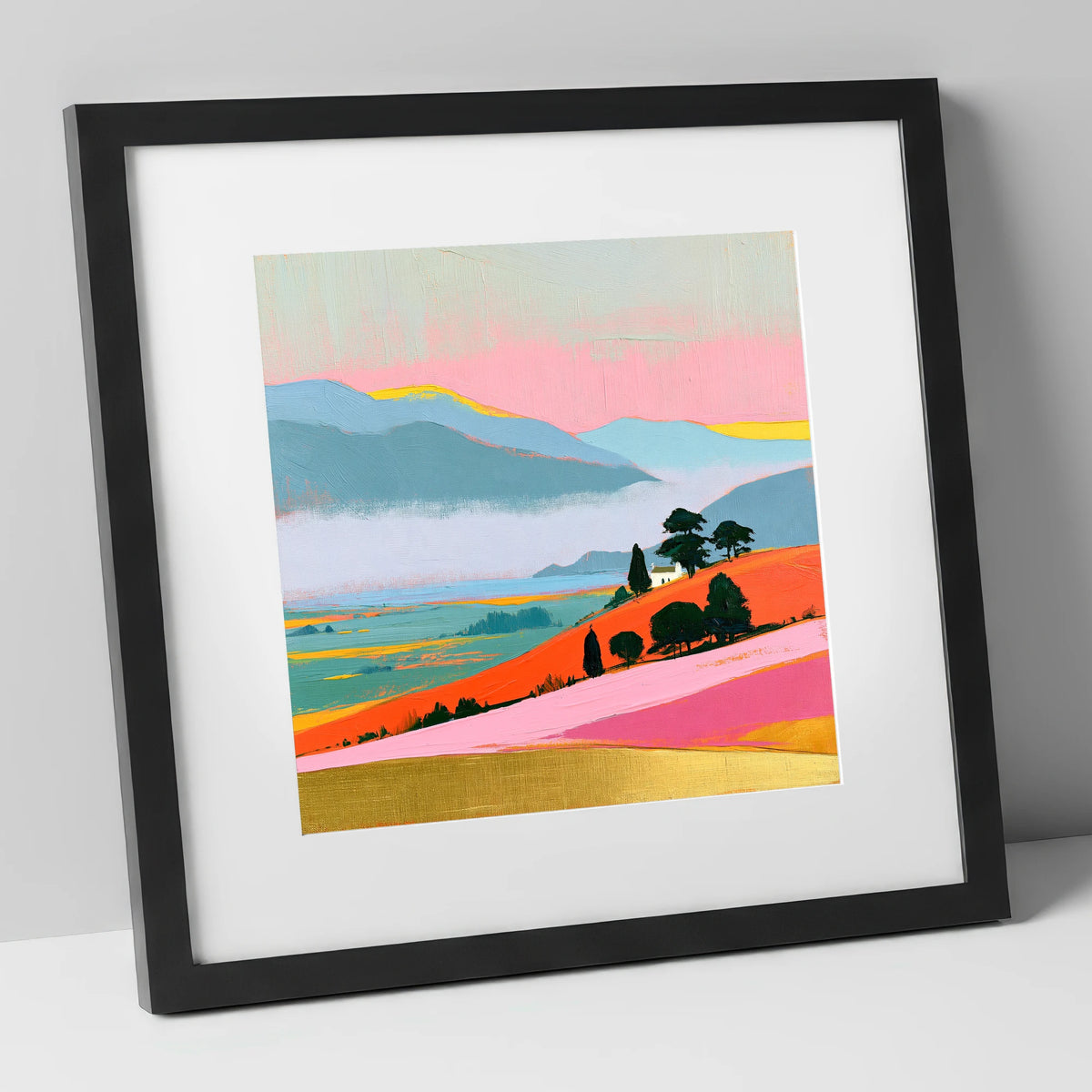 Vibrant Morning Valley Mist lake district sky art print in black frame