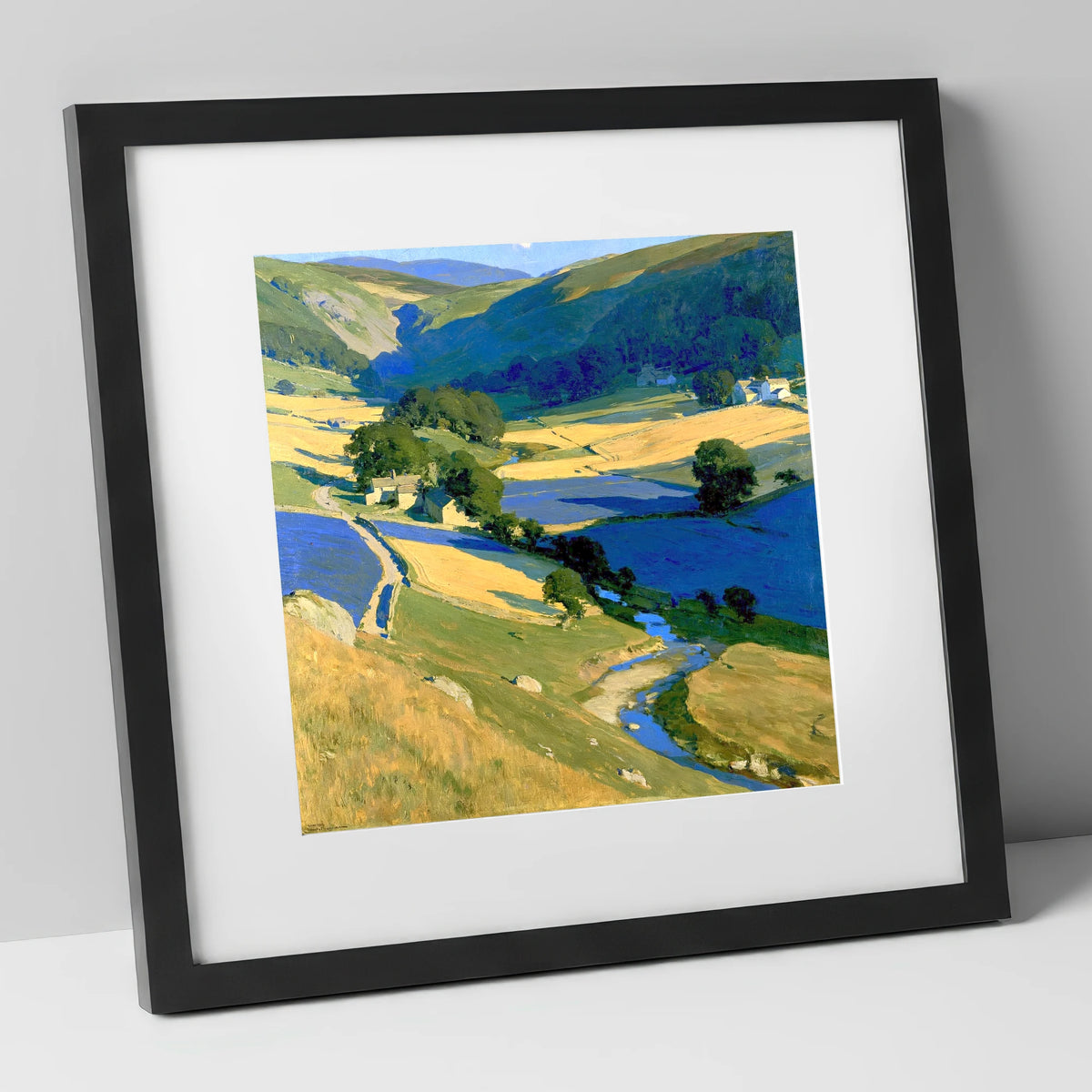 Golden Fields in the Dale lake district valley art print in black frame