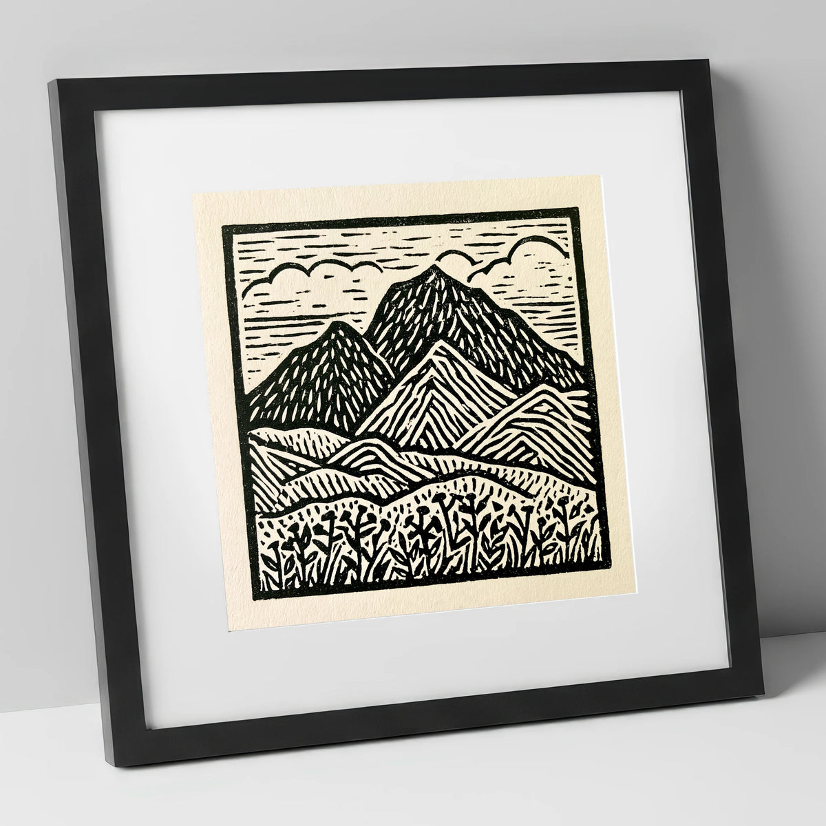 Scafell Pike in Monochrome lake district fell art print in black frame
