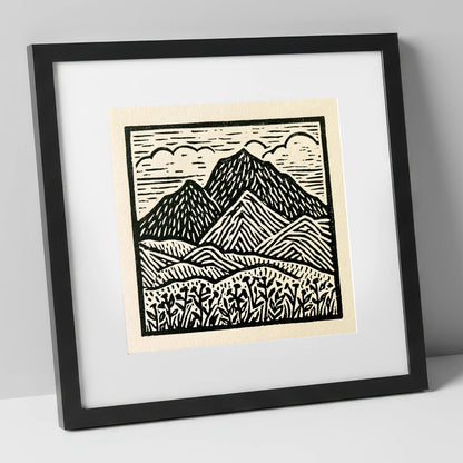 Scafell Pike in Monochrome lake district fell art print in black frame