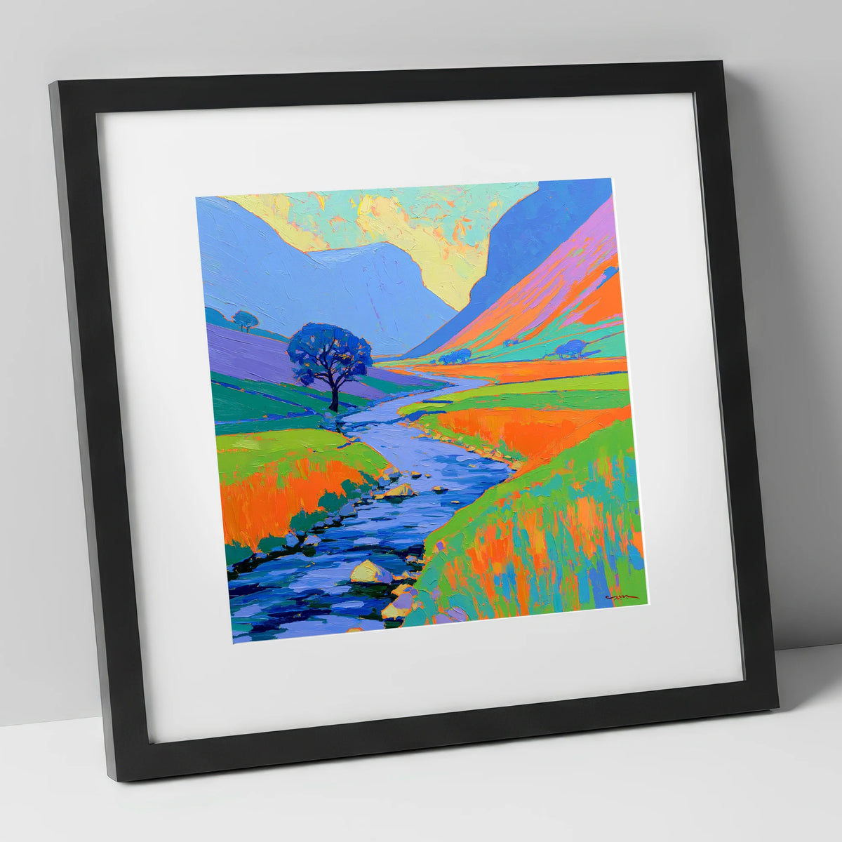 Vivid River In The Valley lake district waterfall art print in black frame
