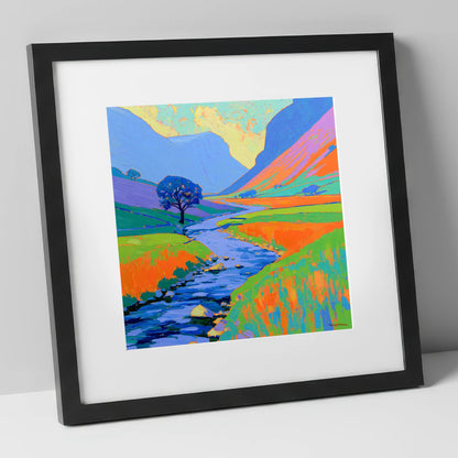 Vivid River In The Valley lake district waterfall art print in black frame