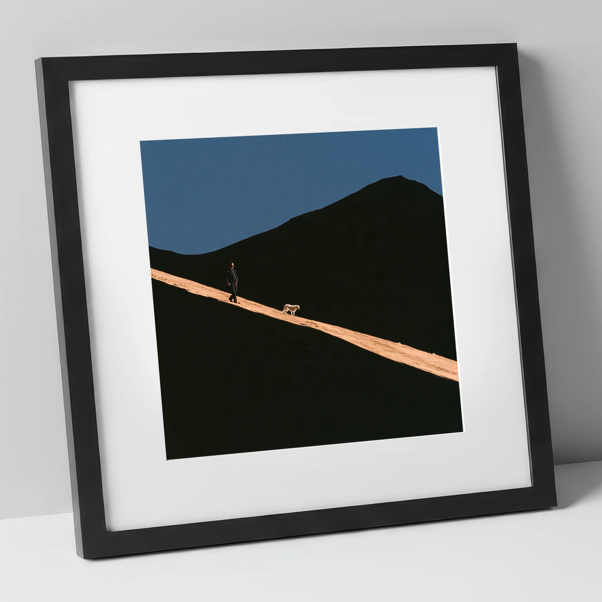 Dog Walker on Sunlit Skiddaw gifts for dog walkers art print in black frame