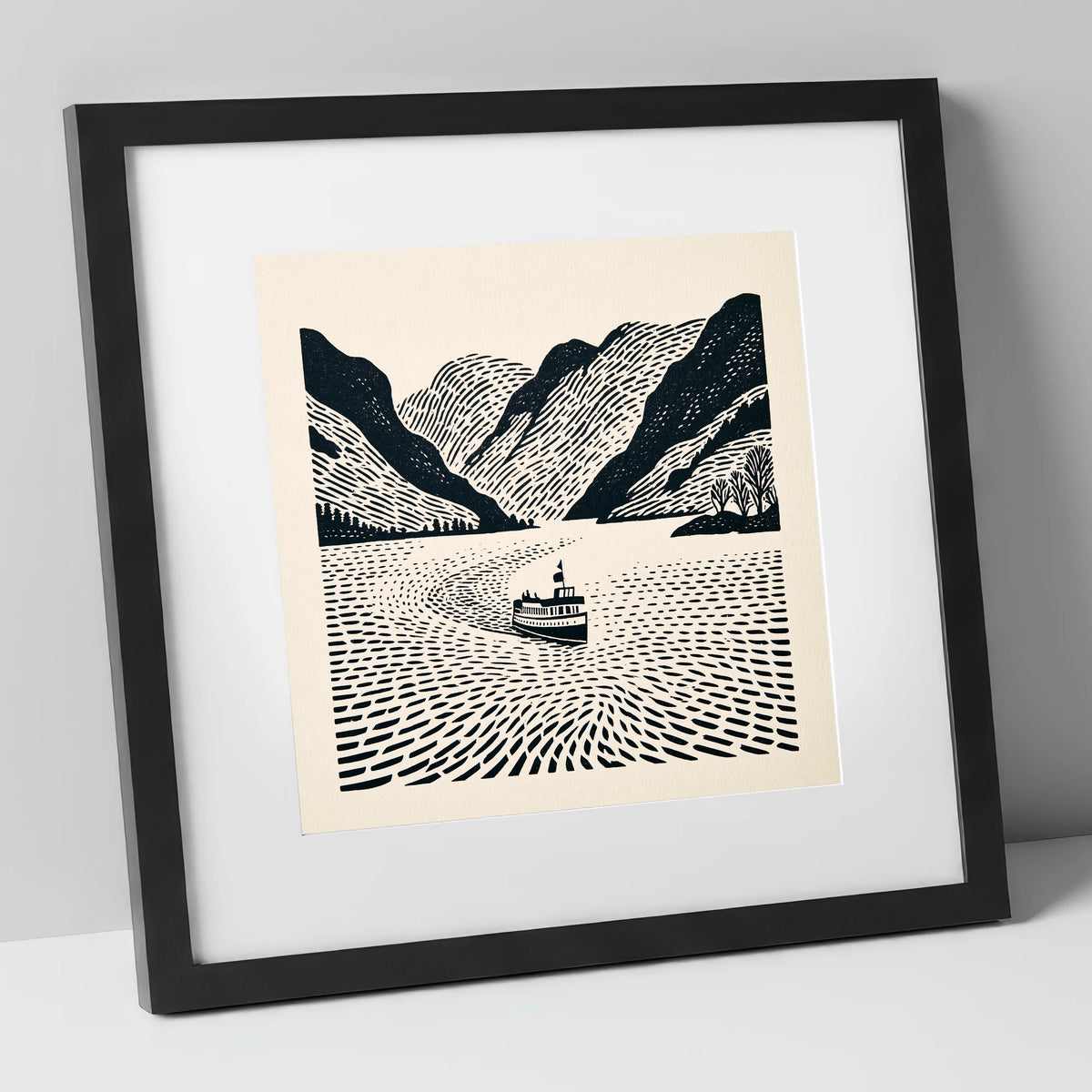 Ullswater Steamer on Swirling Waters lake district lake art print in black frame