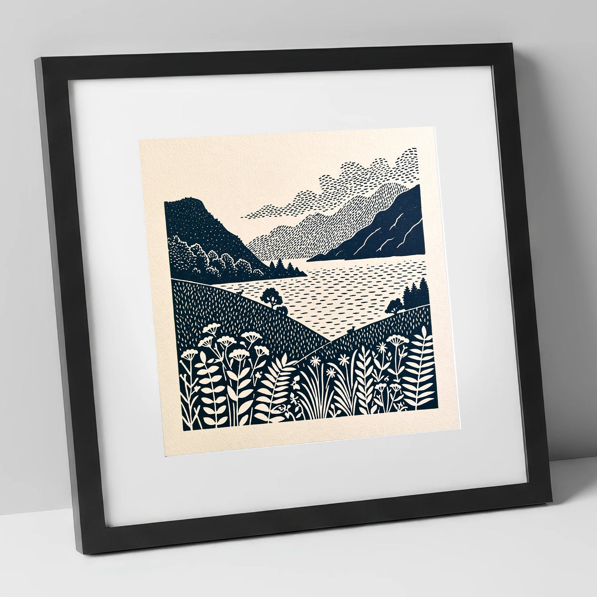 Graphic Ullswater and Layered Fells lake district lake art print in black frame