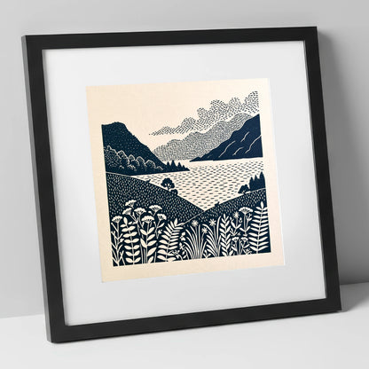 Graphic Ullswater and Layered Fells lake district lake art print in black frame