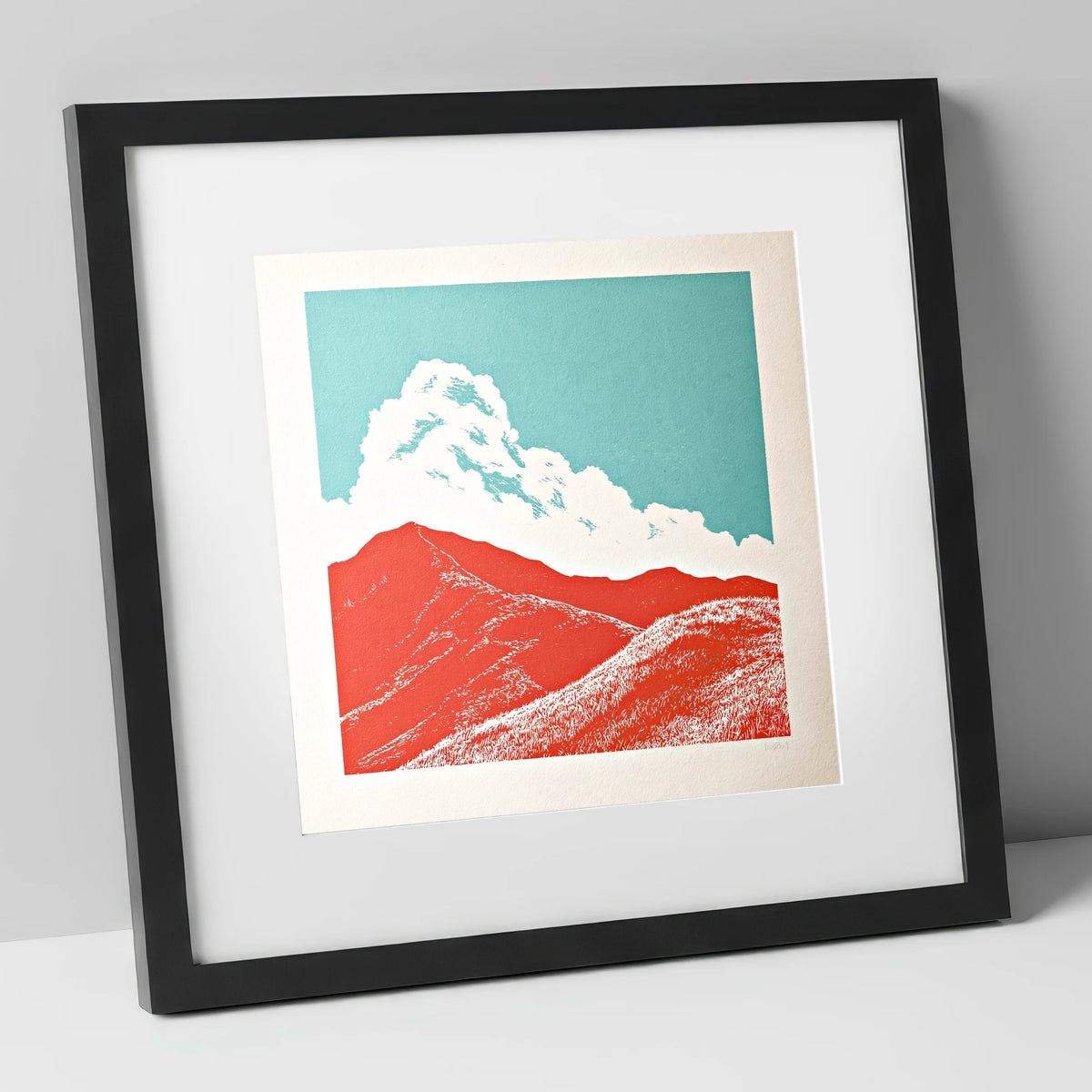 Vibrant Red Fells Under Cloud lake district fell art print in black frame