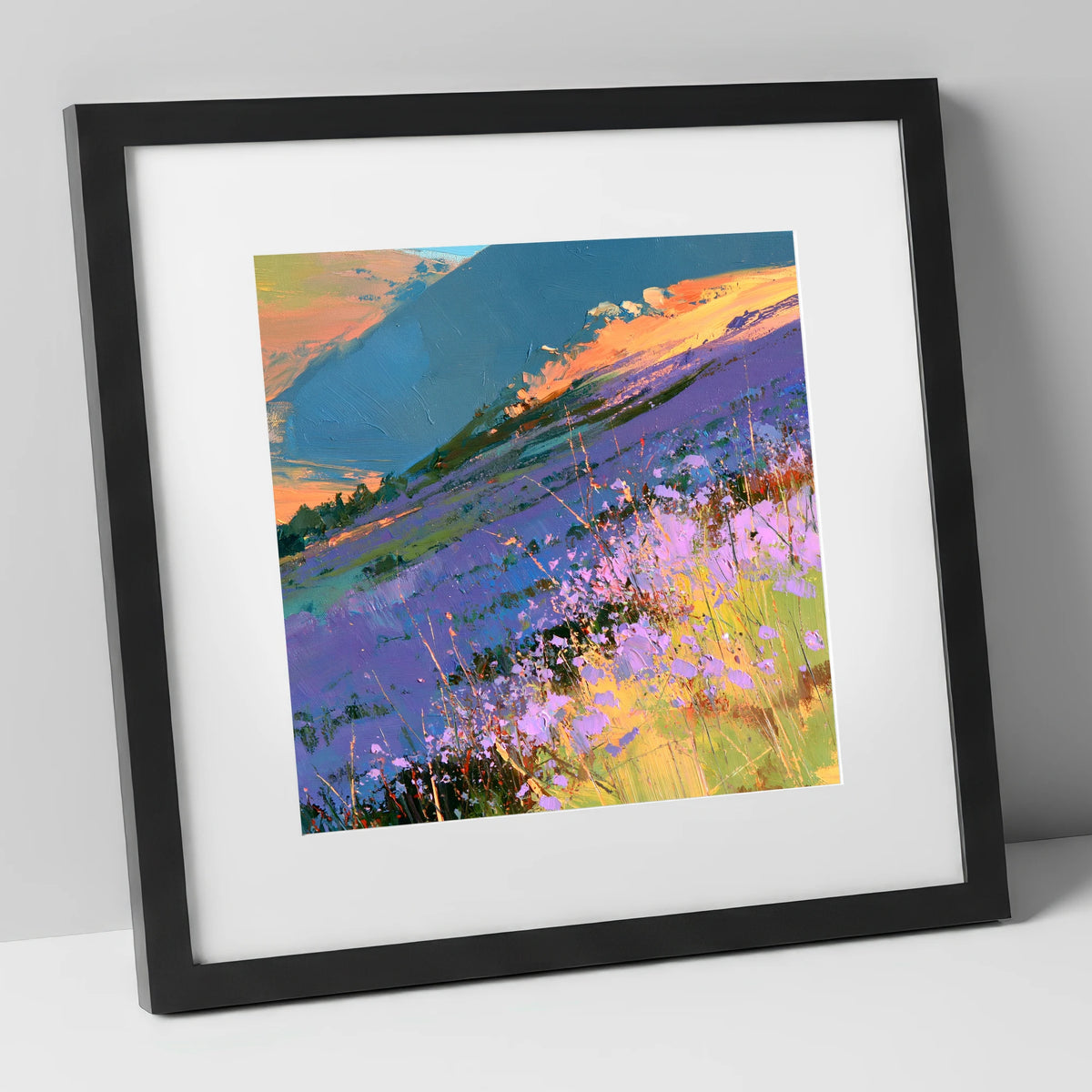 Radiant Heather Fellside at Sunset flowers & fellsides art print in black frame