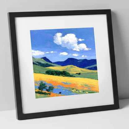 Golden Fells Beneath Summer Clouds lake district fell art print in black frame