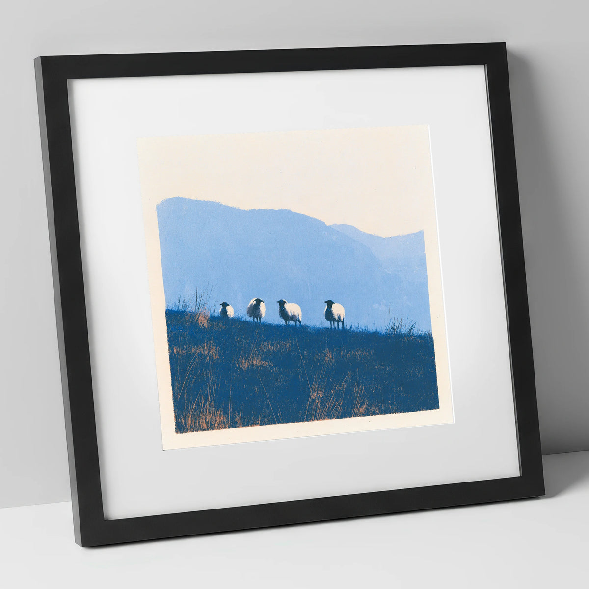Herdwick Flock on Indigo Fellside lake district wildlife art print in black frame