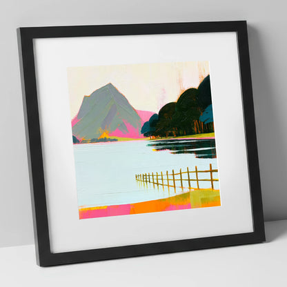 Vibrant Pink Shores Of Buttermere lake district lake art print in black frame