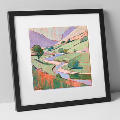 Winding River In Pastel Fells lake district waterfall art print in black frame
