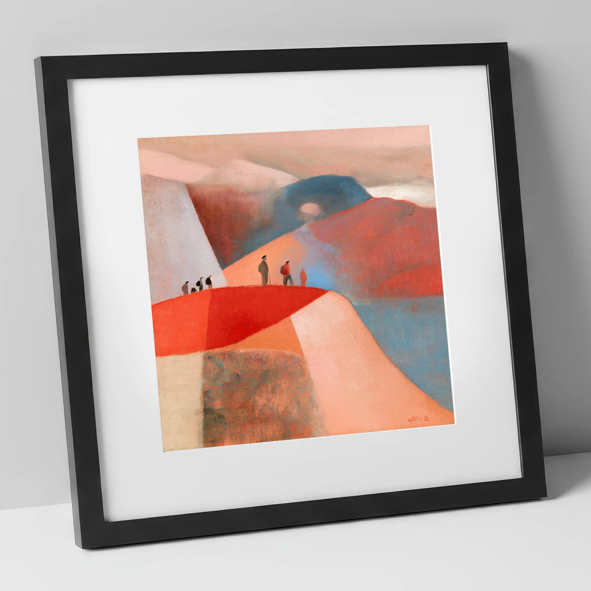 Hikers on a Terracotta Ridge lake district fell art print in black frame